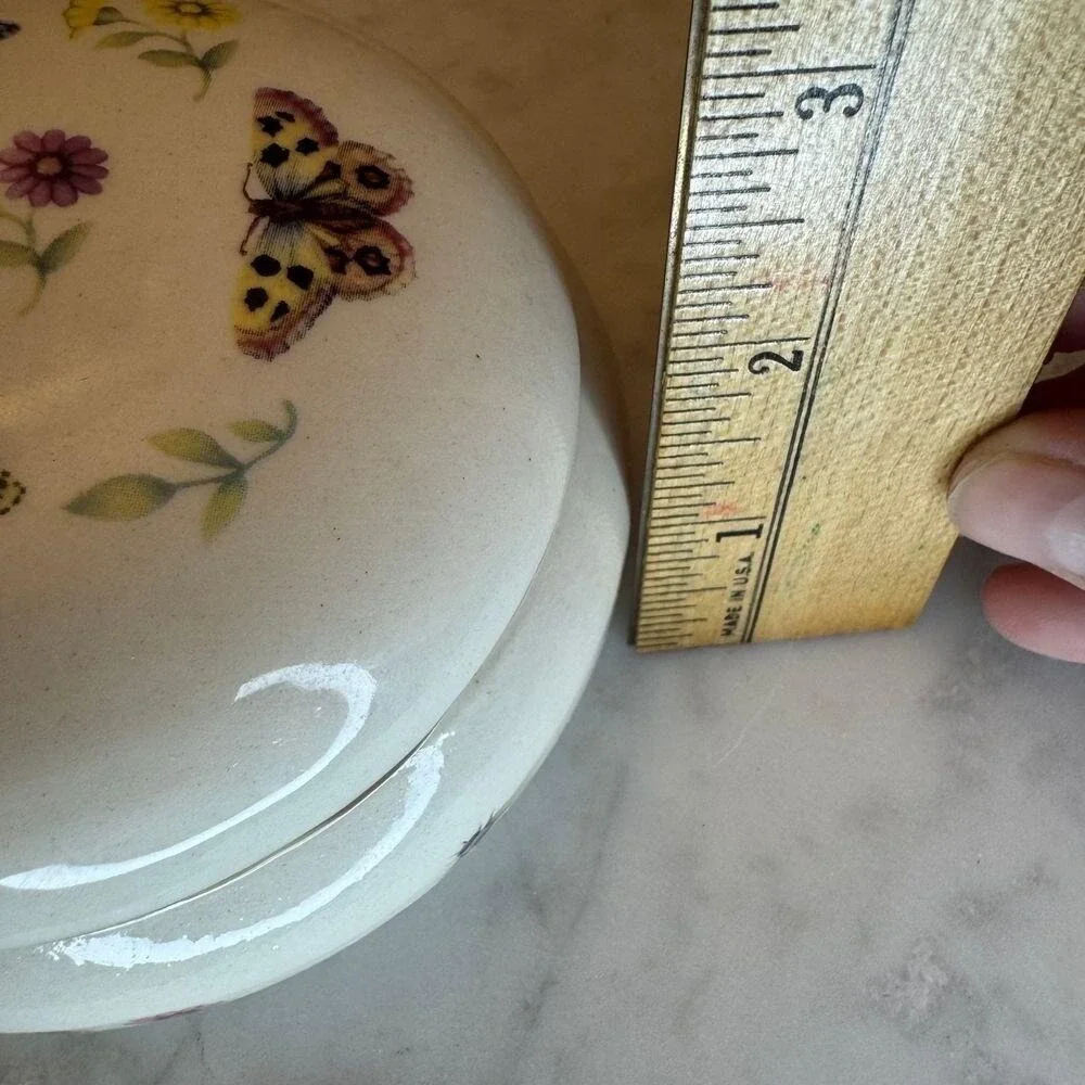 Vintage Butterfly‎ Floral Ceramic Trinket Box Cream Porcelain Jewelry Jar 4
